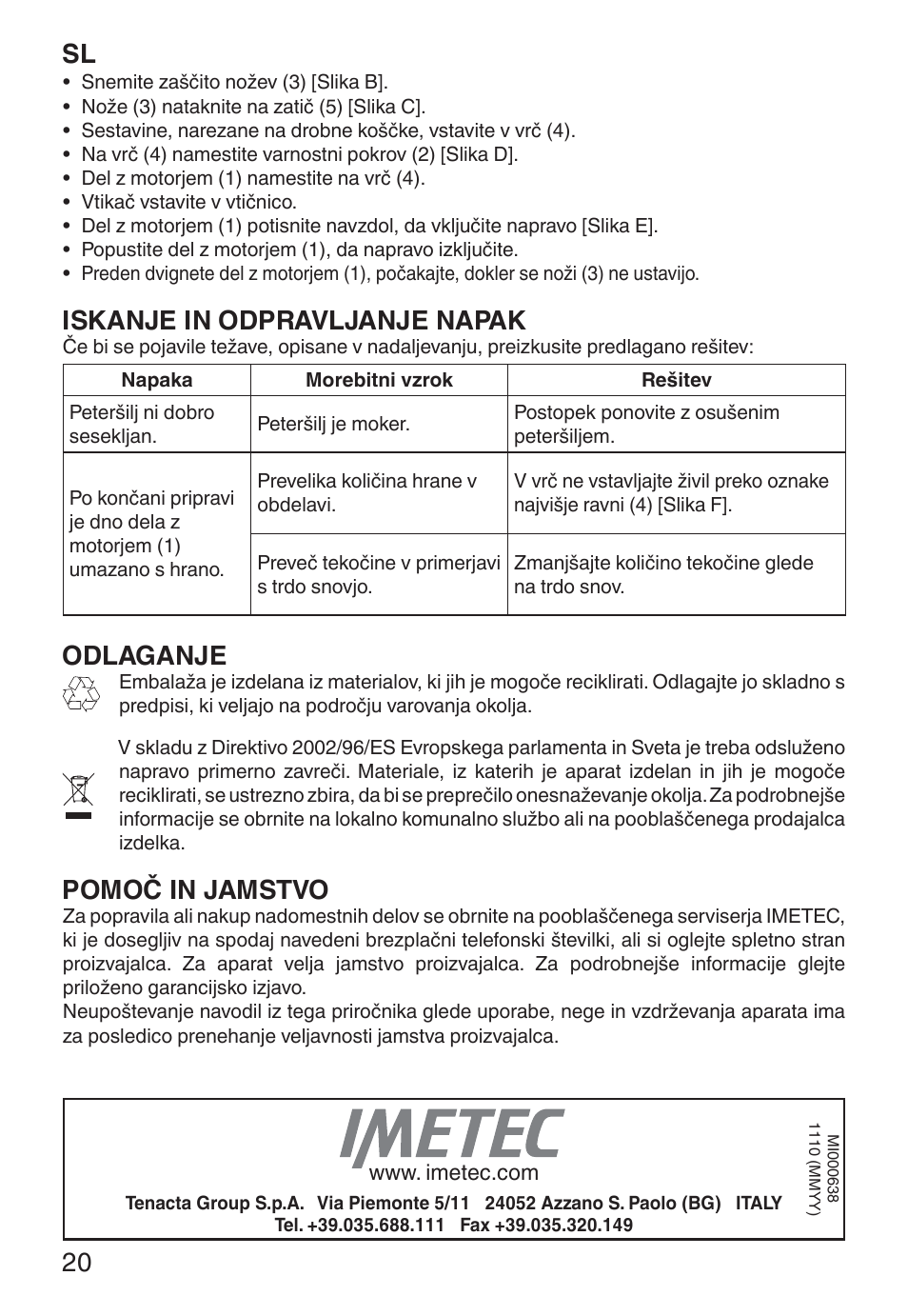 Iskanje in odpravljanje napak, Odlaganje, Pomoč in jamstvo | Imetec ECO CH User Manual | Page 25 / 30