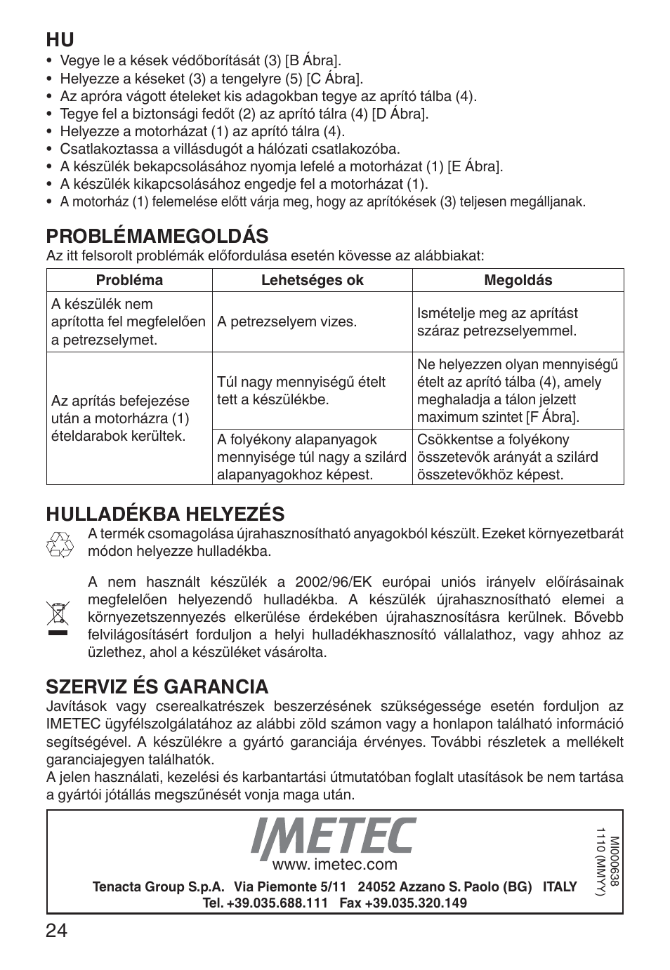 Problémamegoldás, Hulladékba helyezés, Szerviz és garancia | Imetec ECO CH User Manual | Page 29 / 30