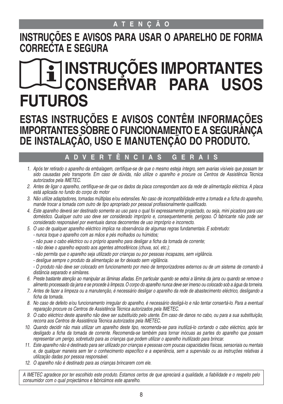 Instruções importantes conservar para usos futuros | Imetec DOLCEVITA CH5 User Manual | Page 10 / 27