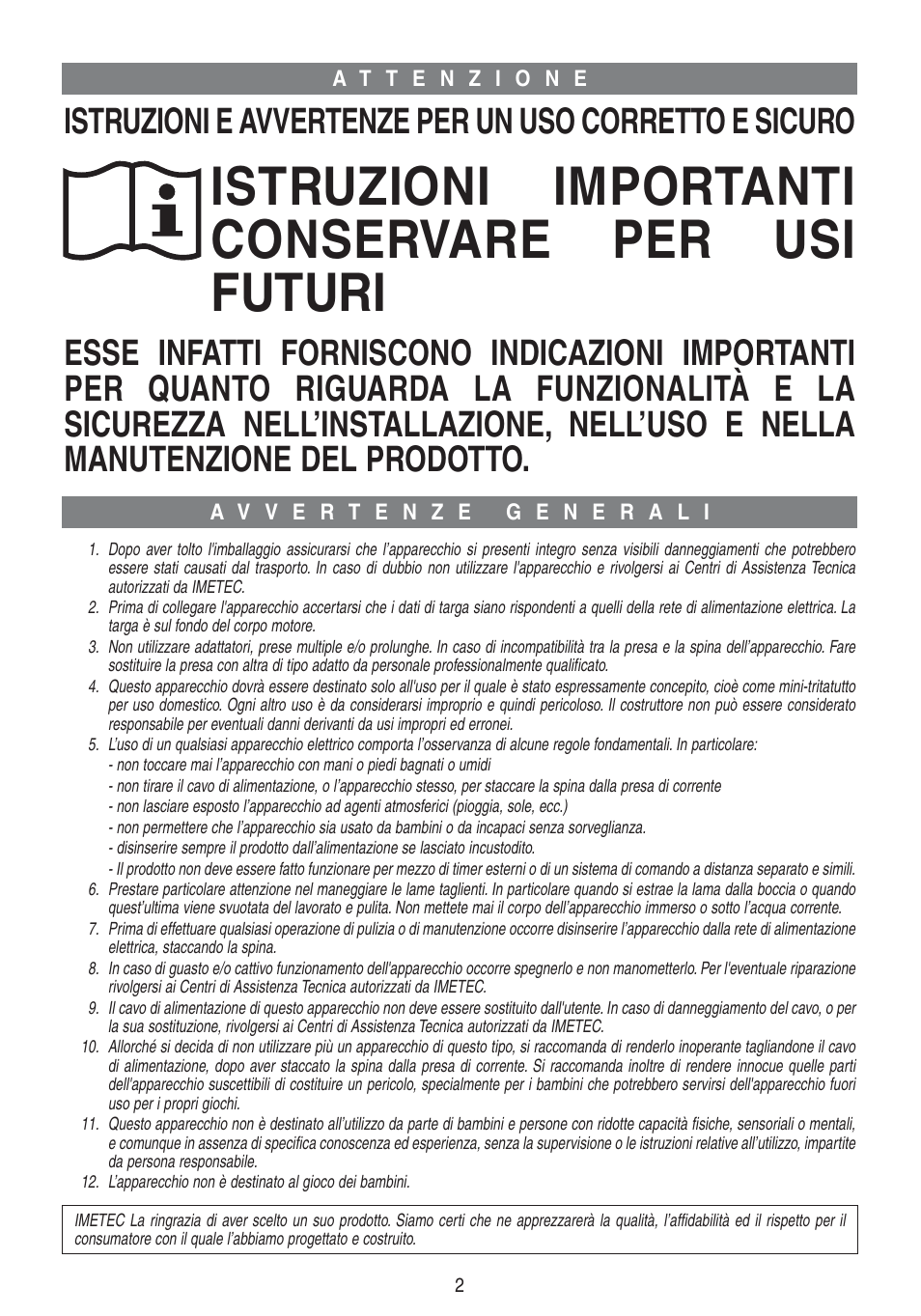 Istruzioni importanti conservare per usi futuri | Imetec DOLCEVITA CH5 User Manual | Page 4 / 27