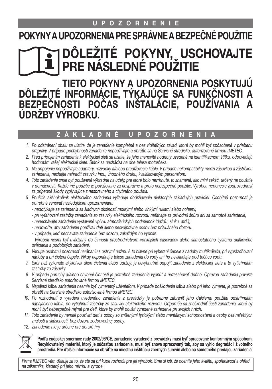 Xst17371-istr-sk, Dôležité pokyny, uschovajte pre následné použitie | Imetec DOLCEVITA CH4 User Manual | Page 21 / 24