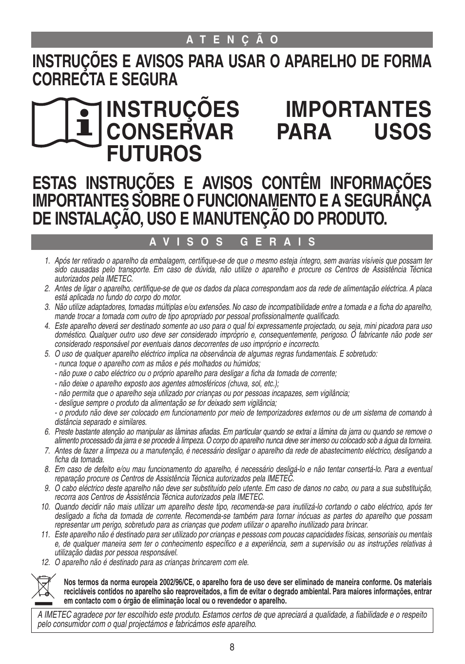 Xst17371-istr-pt, Instruções importantes conservar para usos futuros | Imetec DOLCEVITA CH4 User Manual | Page 9 / 24