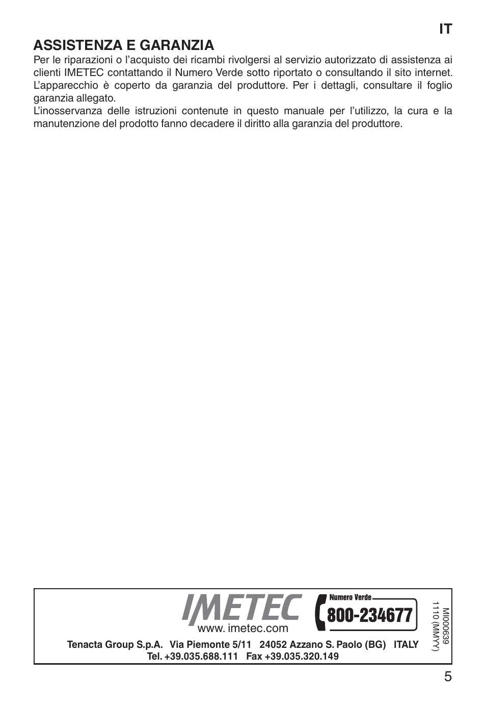 It assistenza e garanzia | Imetec ECO TS User Manual | Page 10 / 36