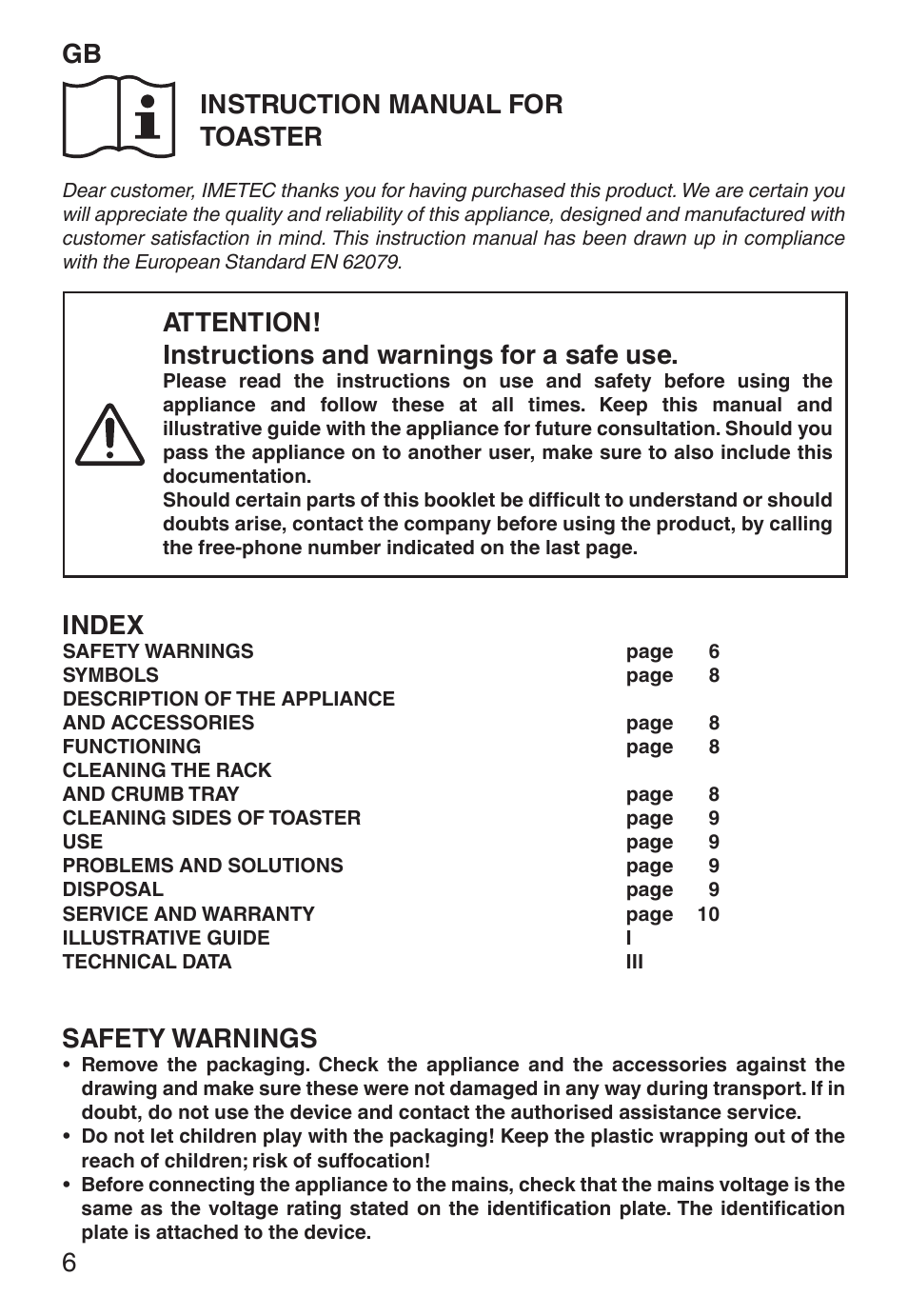 Gb instruction manual for toaster, Index, Safety warnings | Imetec ECO TS User Manual | Page 11 / 36