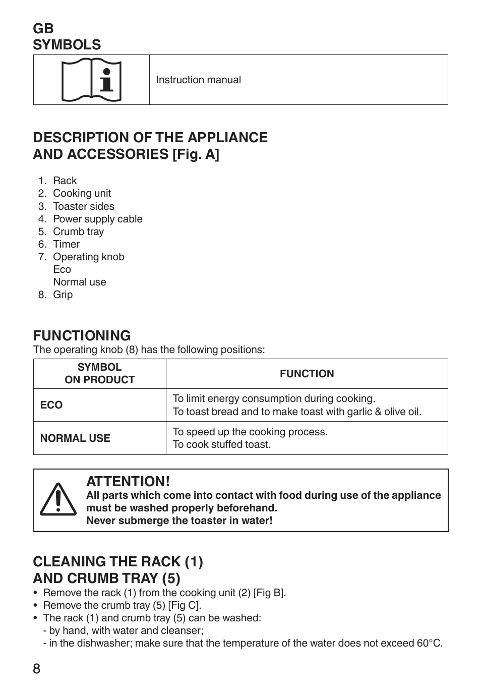 Gb symbols, Functioning, Attention | Cleaning the rack (1) and crumb tray (5) | Imetec ECO TS User Manual | Page 13 / 36