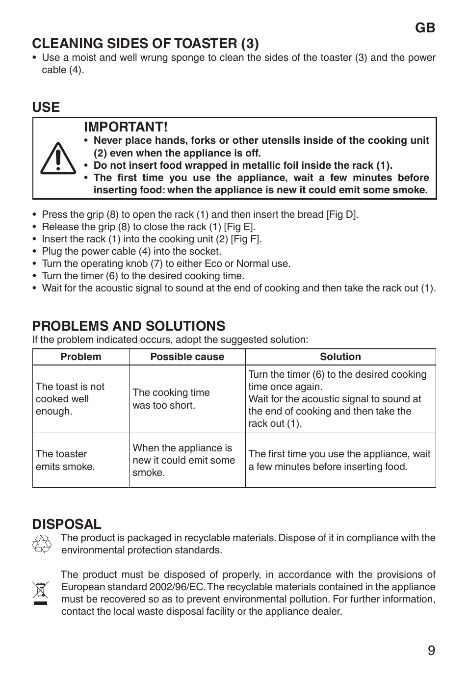 Gb cleaning sides of toaster (3), Important, Problems and solutions | Disposal | Imetec ECO TS User Manual | Page 14 / 36