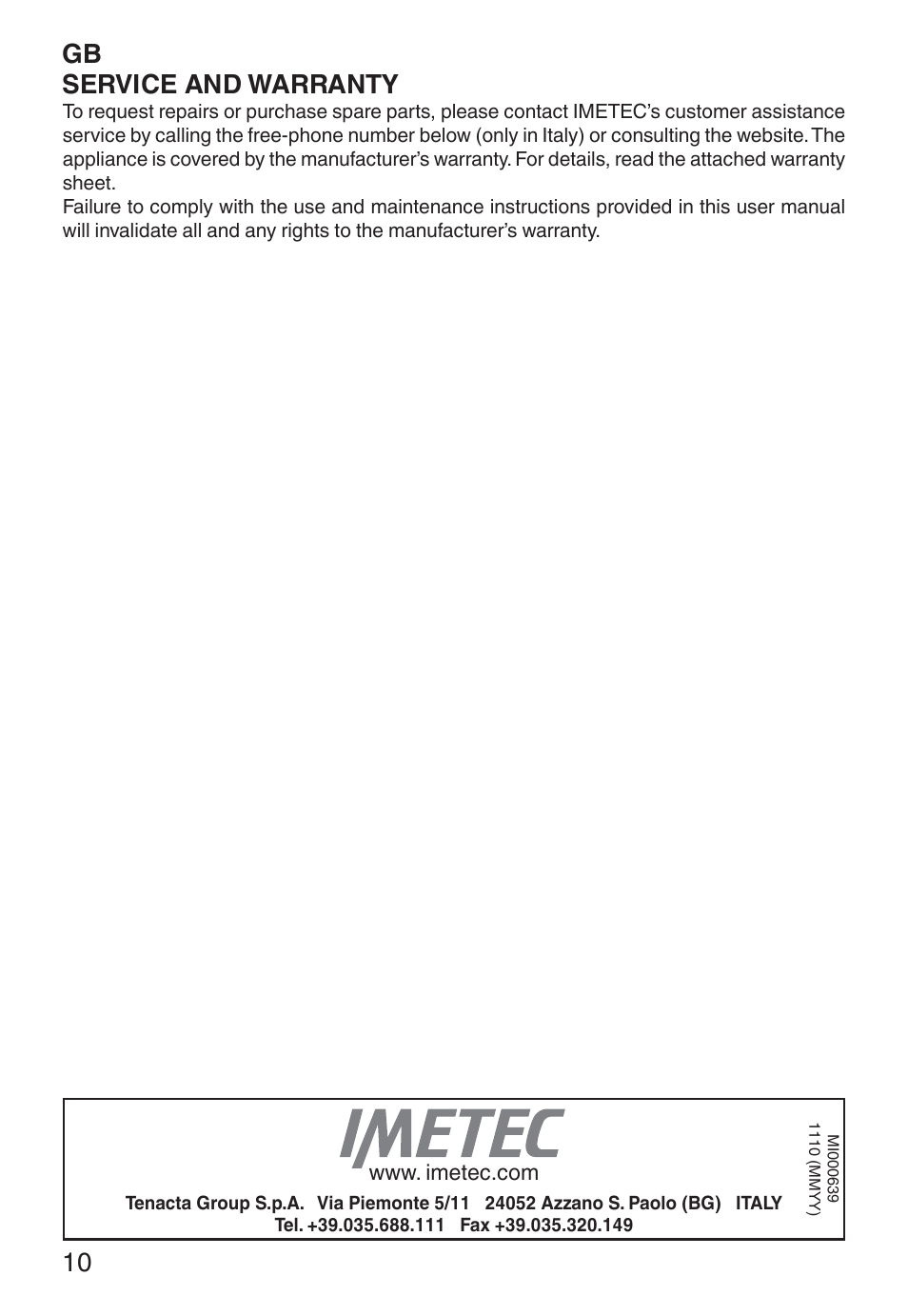 Gb service and warranty | Imetec ECO TS User Manual | Page 15 / 36