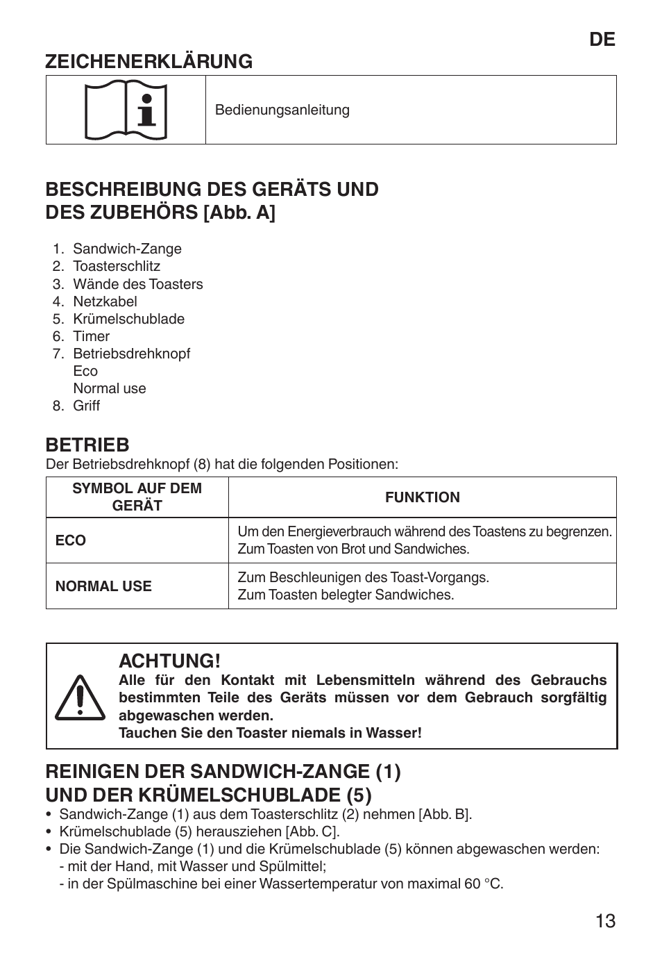 De zeichenerklärung, Beschreibung des geräts und des zubehörs [abb. a, Betrieb | Achtung | Imetec ECO TS User Manual | Page 18 / 36