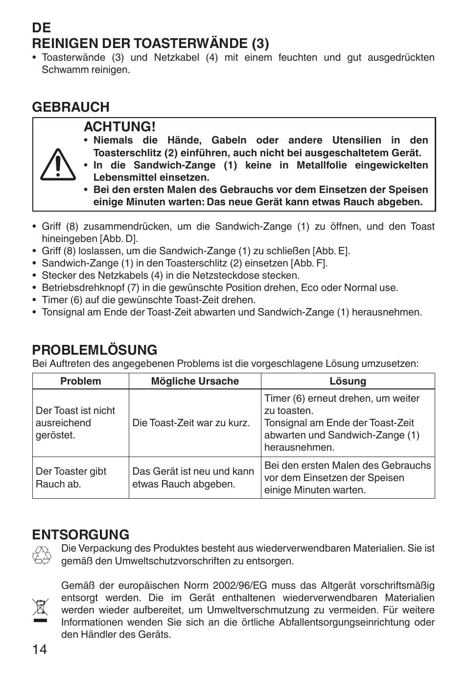 De reinigen der toasterwände (3), Gebrauch, Achtung | Problemlösung, Entsorgung | Imetec ECO TS User Manual | Page 19 / 36