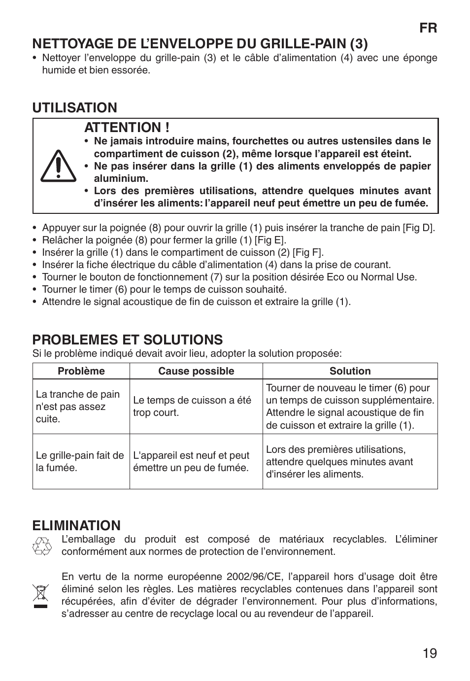 Fr nettoyage de l’enveloppe du grille-pain (3), Utilisation, Attention | Problemes et solutions, Elimination | Imetec ECO TS User Manual | Page 24 / 36