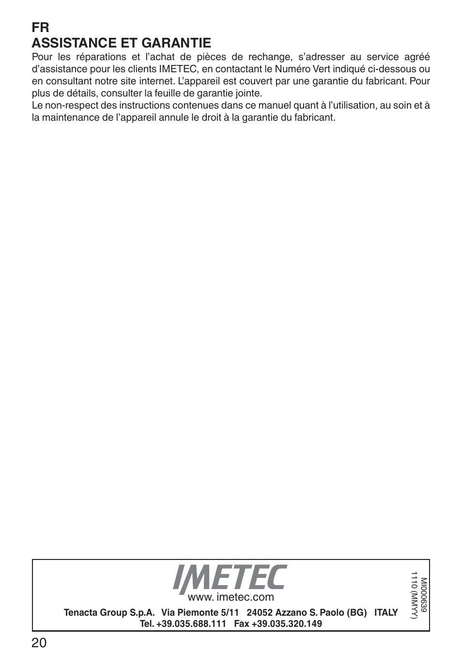 Fr assistance et garantie | Imetec ECO TS User Manual | Page 25 / 36