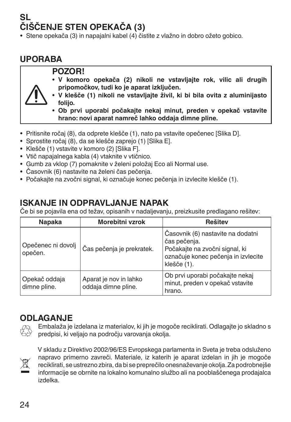 Sl čiščenje sten opekača (3), Uporaba, Pozor | Iskanje in odpravljanje napak, Odlaganje | Imetec ECO TS User Manual | Page 29 / 36
