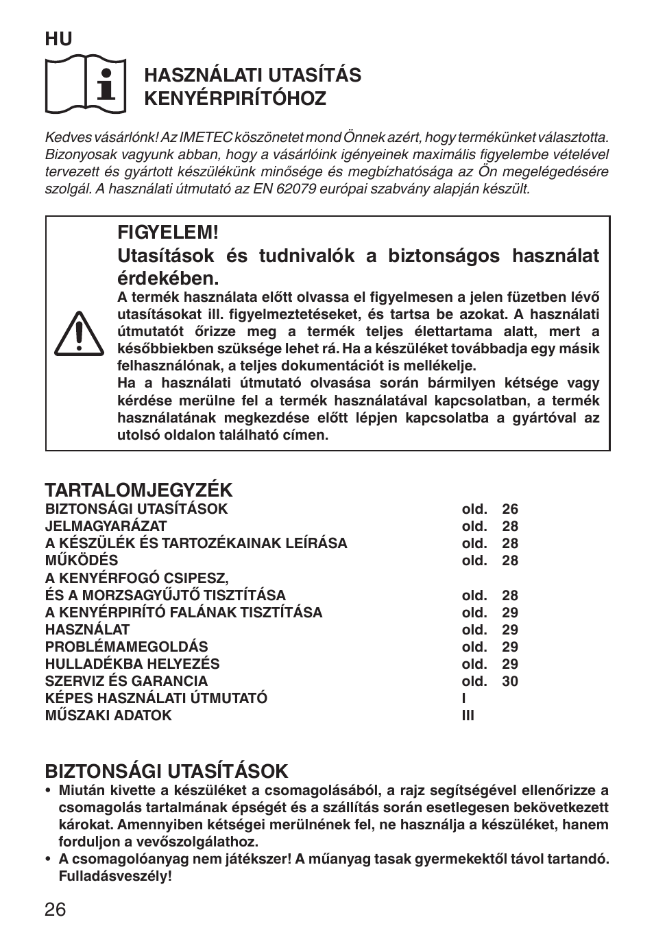 Hu használati utasítás kenyérpirítóhoz, Tartalomjegyzék, Biztonsági utasítások | Imetec ECO TS User Manual | Page 31 / 36