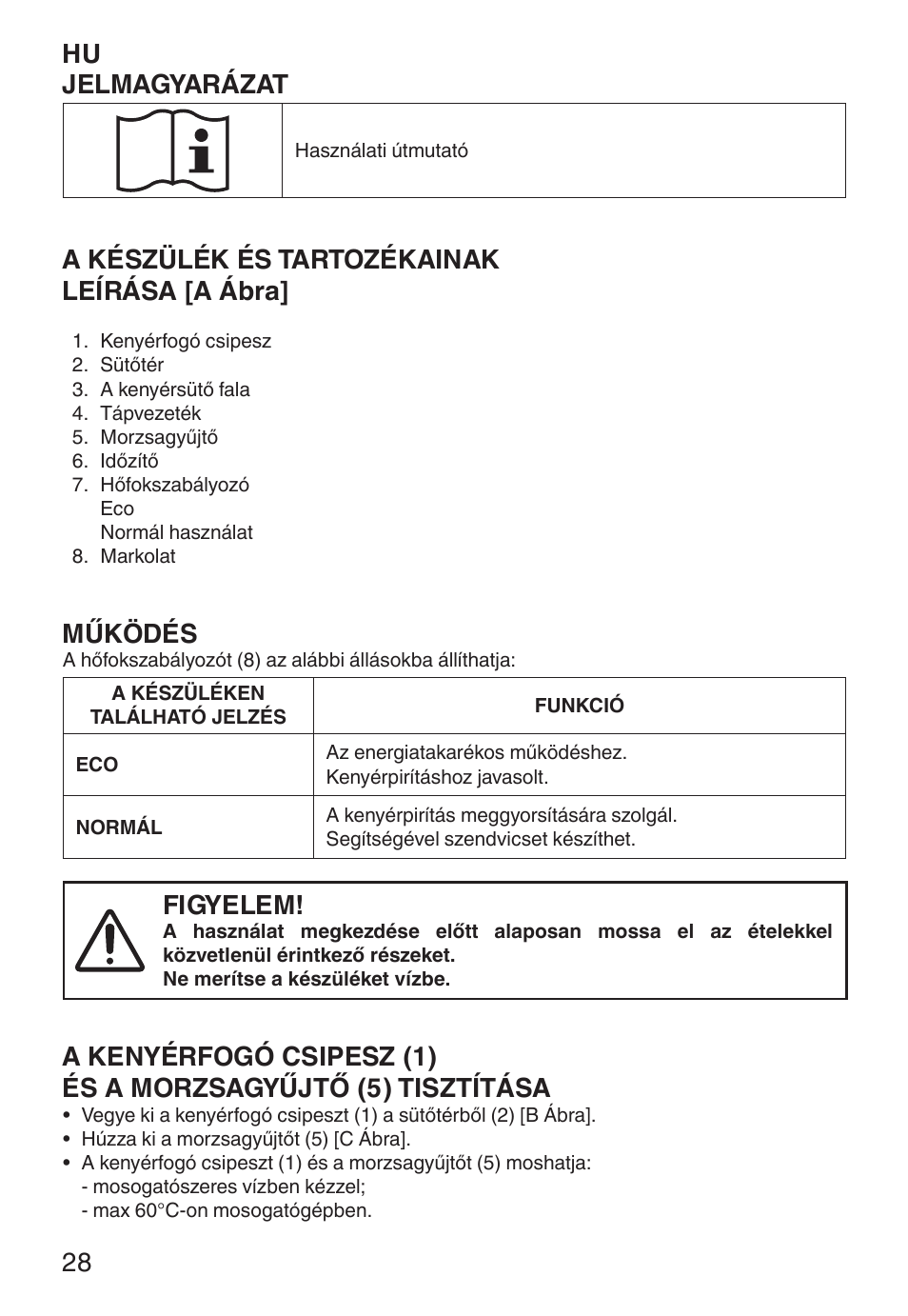 Hu jelmagyarázat, A készülék és tartozékainak leírása [a ábra, Működés | Figyelem | Imetec ECO TS User Manual | Page 33 / 36