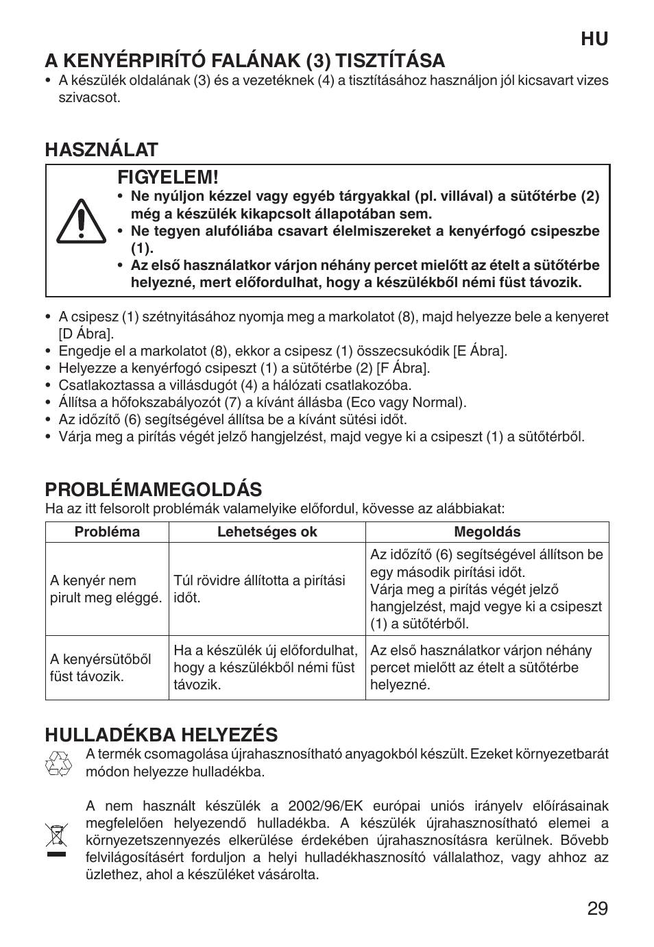 Hu a kenyérpirító falának (3) tisztítása, Használat, Figyelem | Problémamegoldás, Hulladékba helyezés | Imetec ECO TS User Manual | Page 34 / 36
