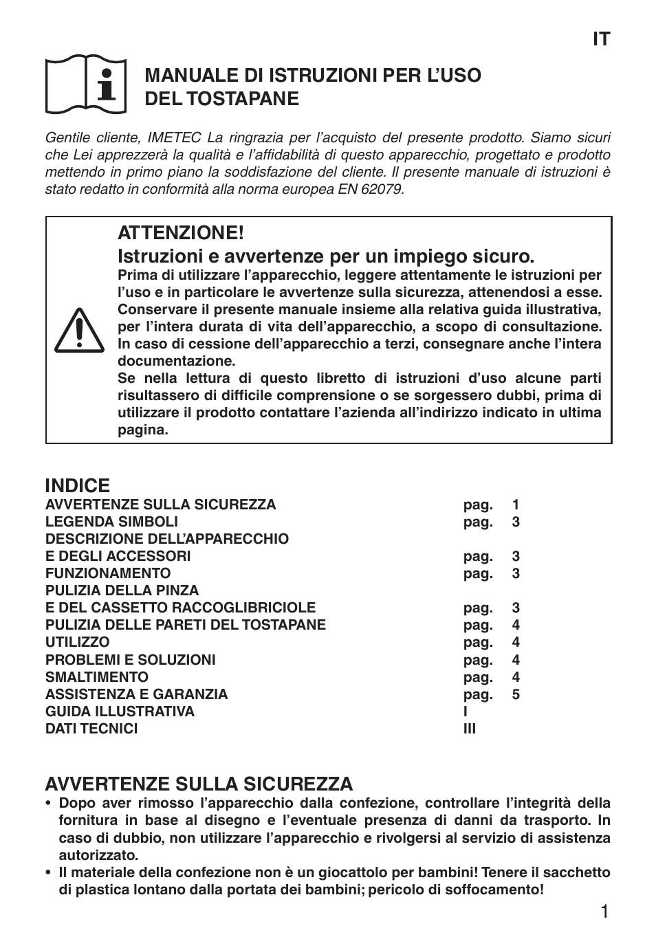 It manuale di istruzioni per l’uso del tostapane, Indice, Avvertenze sulla sicurezza | Imetec ECO TS User Manual | Page 6 / 36