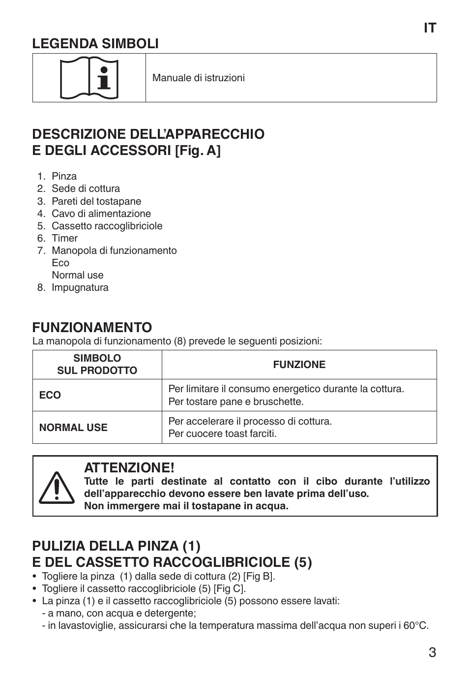 It legenda simboli, Funzionamento, Attenzione | Imetec ECO TS User Manual | Page 8 / 36