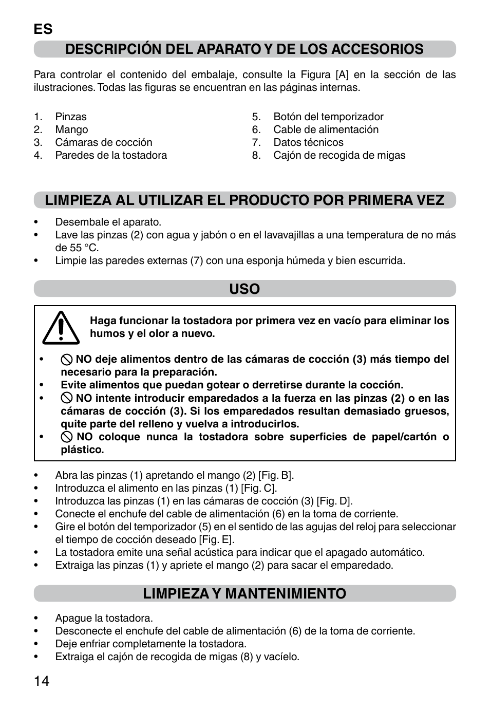 Es 14 descripción del aparato y de los accesorios, Limpieza al utilizar el producto por primera vez, Limpieza y mantenimiento | Imetec DOLCEVITA TS9 User Manual | Page 16 / 27