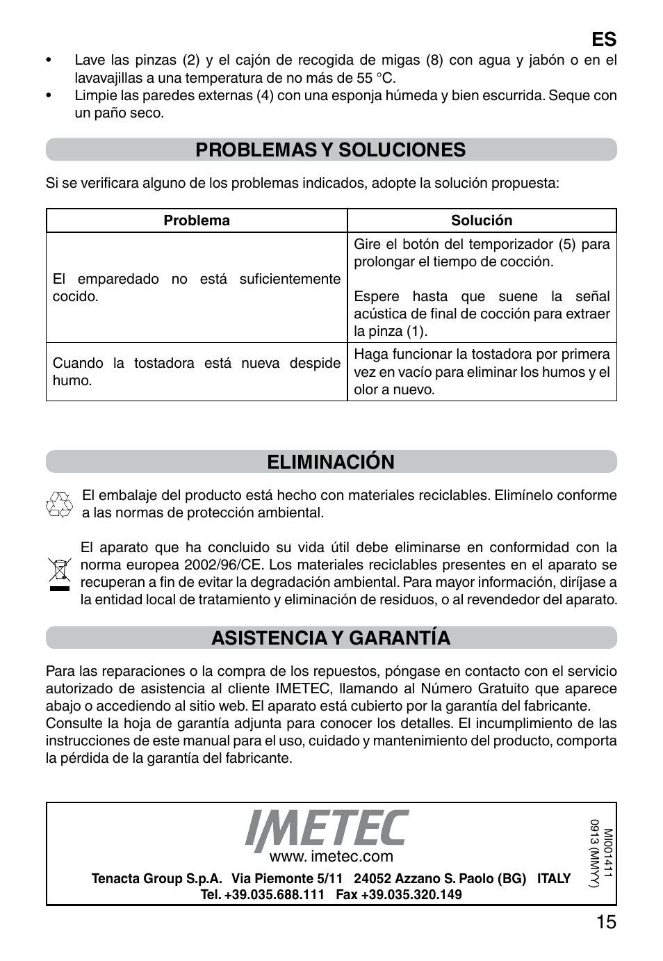 Es 15, Problemas y soluciones, Eliminación | Asistencia y garantía | Imetec DOLCEVITA TS9 User Manual | Page 17 / 27