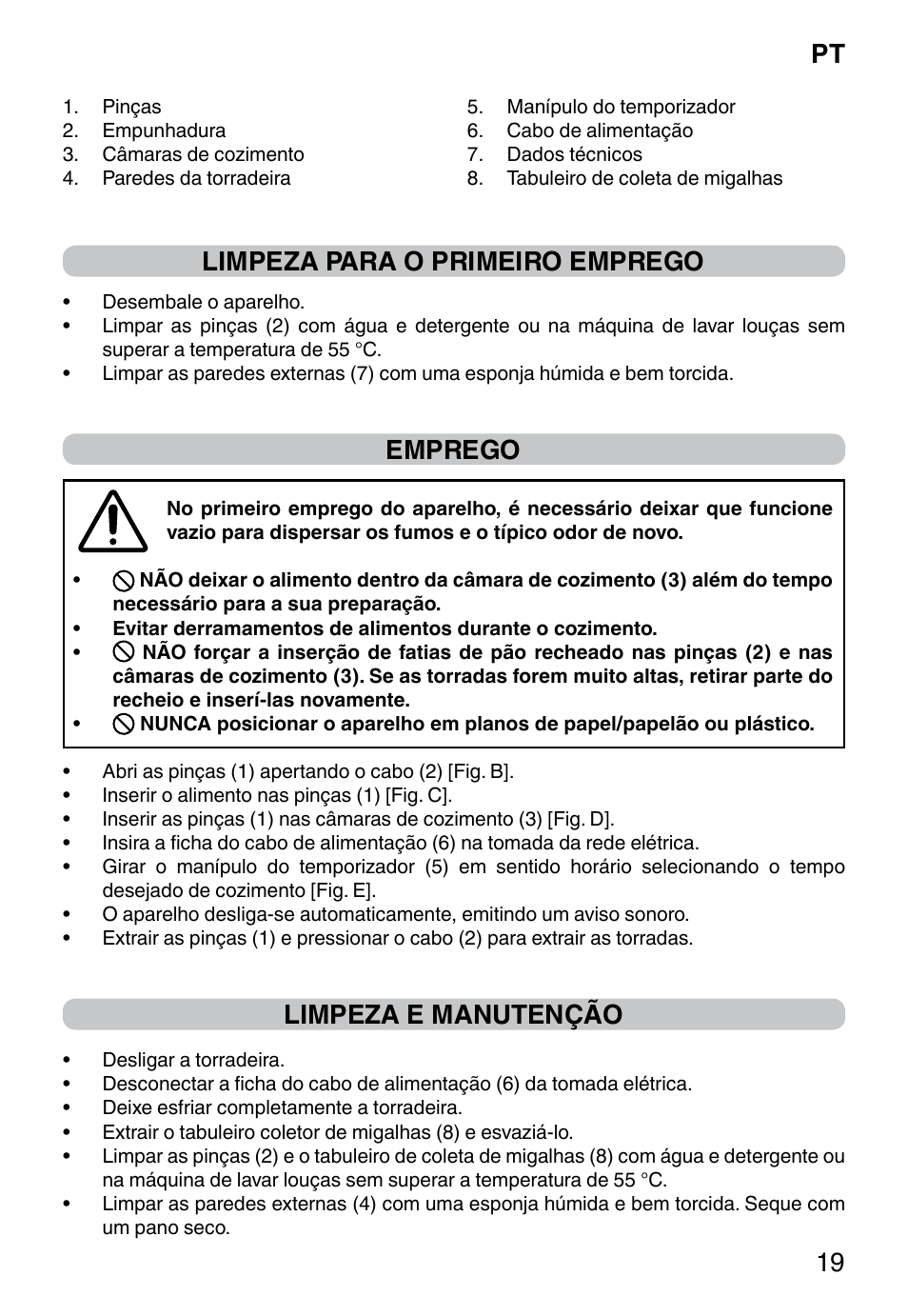 Pt 19, Limpeza para o primeiro emprego, Emprego | Limpeza e manutenção | Imetec DOLCEVITA TS9 User Manual | Page 21 / 27