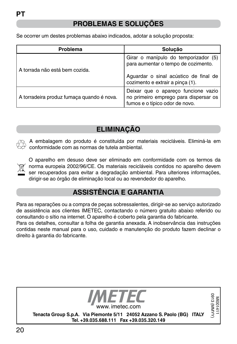 Pt 20 problemas e soluções, Eliminação, Assistência e garantia | Imetec DOLCEVITA TS9 User Manual | Page 22 / 27