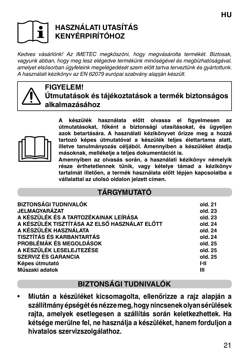 Hu 21 használati utasítás kenyérpirítóhoz, Tárgymutató | Imetec DOLCEVITA TS9 User Manual | Page 23 / 27