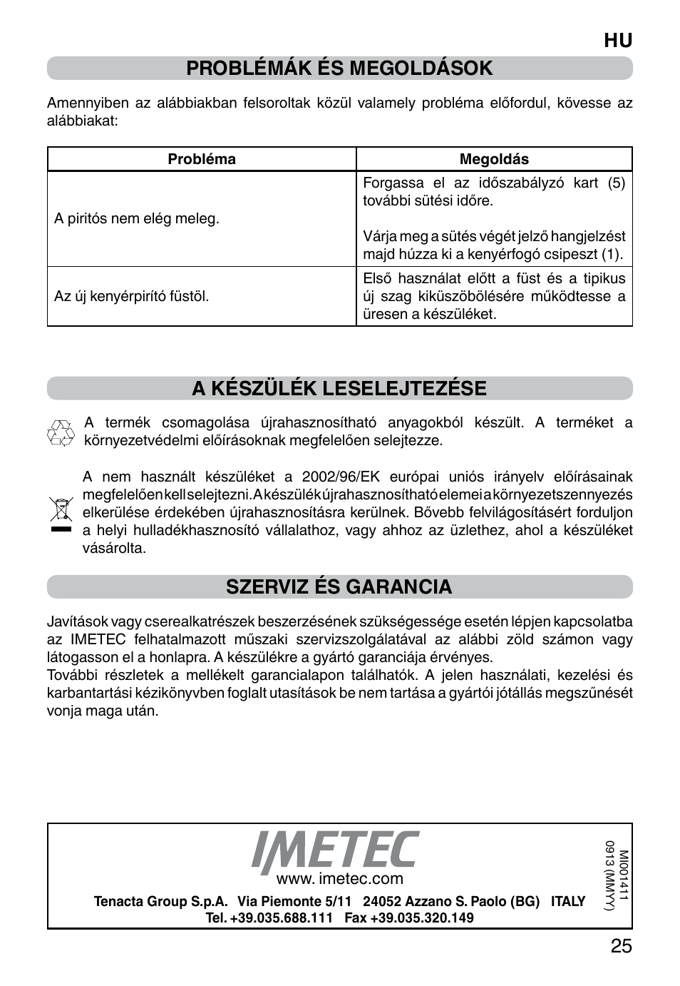 Hu 25 problémák és megoldások, A készülék leselejtezése, Szerviz és garancia | Imetec DOLCEVITA TS9 User Manual | Page 27 / 27