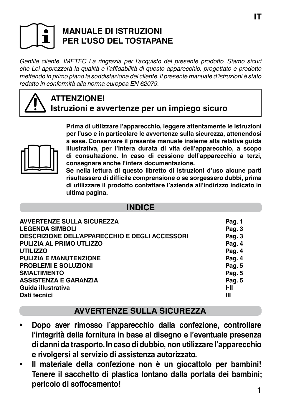 It 1 manuale di istruzioni per l’uso del tostapane, Indice | Imetec DOLCEVITA TS9 User Manual | Page 3 / 27