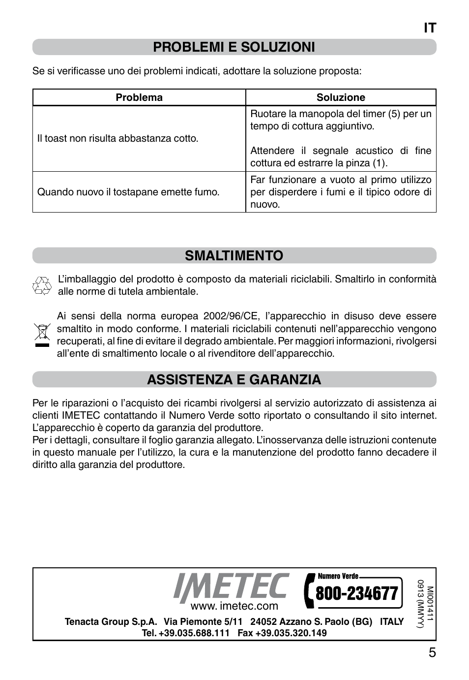 It 5 problemi e soluzioni, Smaltimento, Assistenza e garanzia | Imetec DOLCEVITA TS9 User Manual | Page 7 / 27