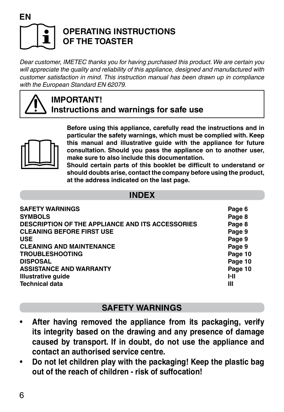 En 6 operating instructions of the toaster, Important! instructions and warnings for safe use, Index | Imetec DOLCEVITA TS9 User Manual | Page 8 / 27