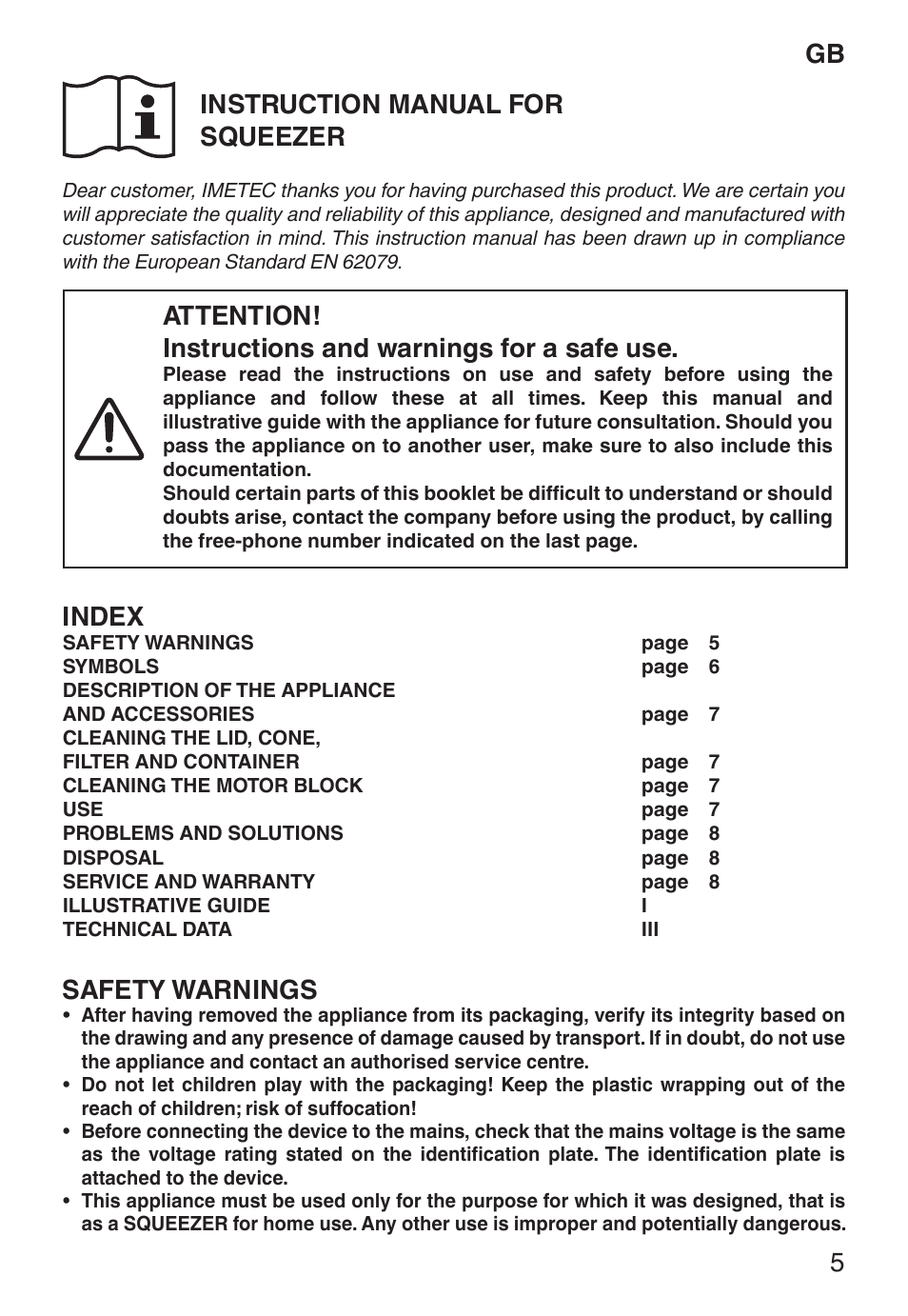 Gb instruction manual for squeezer, Index, Safety warnings | Imetec ECO CP User Manual | Page 10 / 34