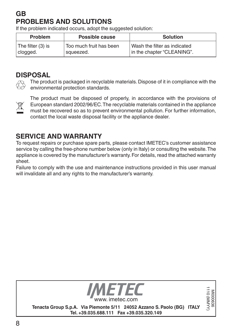 Gb problems and solutions, Disposal, Service and warranty | Imetec ECO CP User Manual | Page 13 / 34