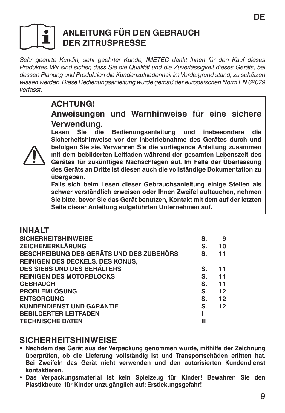 De anleitung für den gebrauch der zitruspresse, Inhalt, Sicherheitshinweise | Imetec ECO CP User Manual | Page 14 / 34