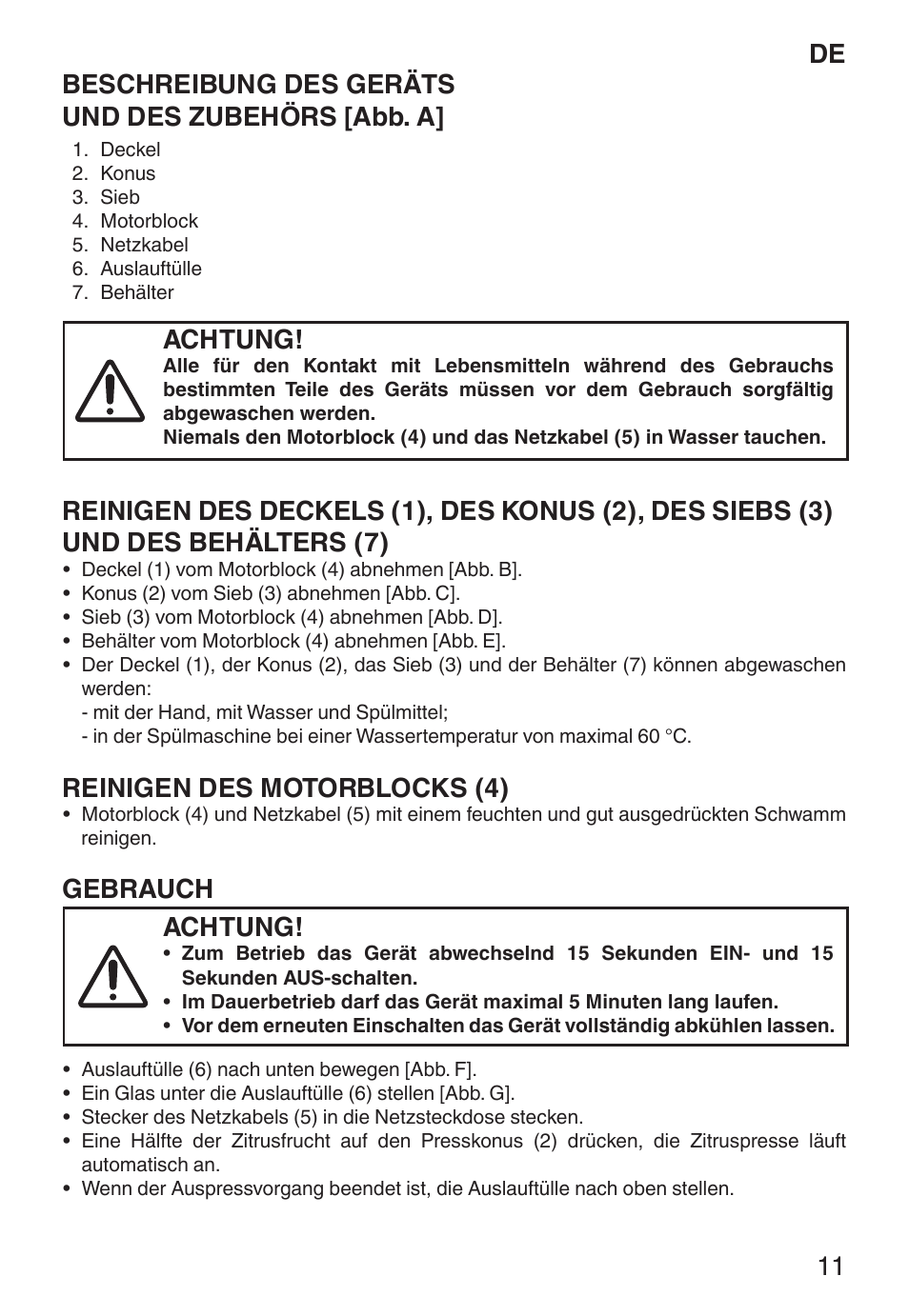 Achtung, Reinigen des motorblocks (4), Gebrauch | Imetec ECO CP User Manual | Page 16 / 34