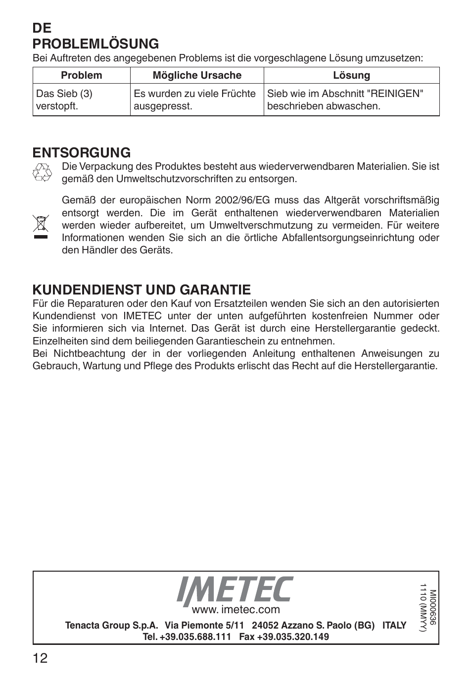 De problemlösung, Entsorgung, Kundendienst und garantie | Imetec ECO CP User Manual | Page 17 / 34