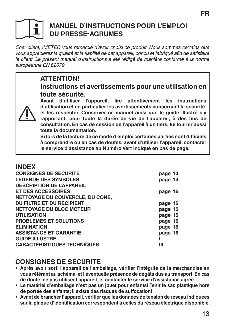 Index, Consignes de securite | Imetec ECO CP User Manual | Page 18 / 34