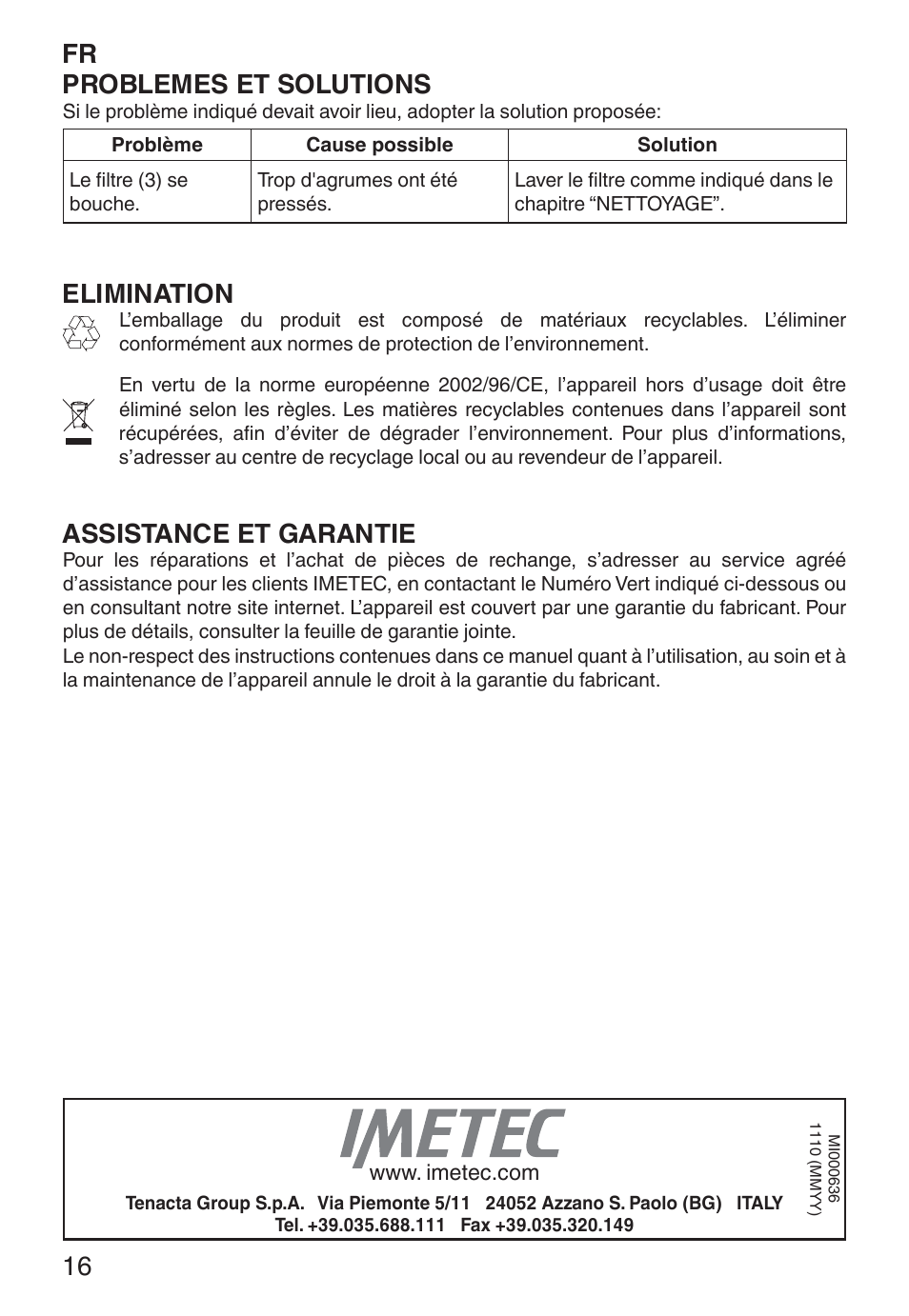 Fr problemes et solutions, Elimination, Assistance et garantie | Imetec ECO CP User Manual | Page 21 / 34