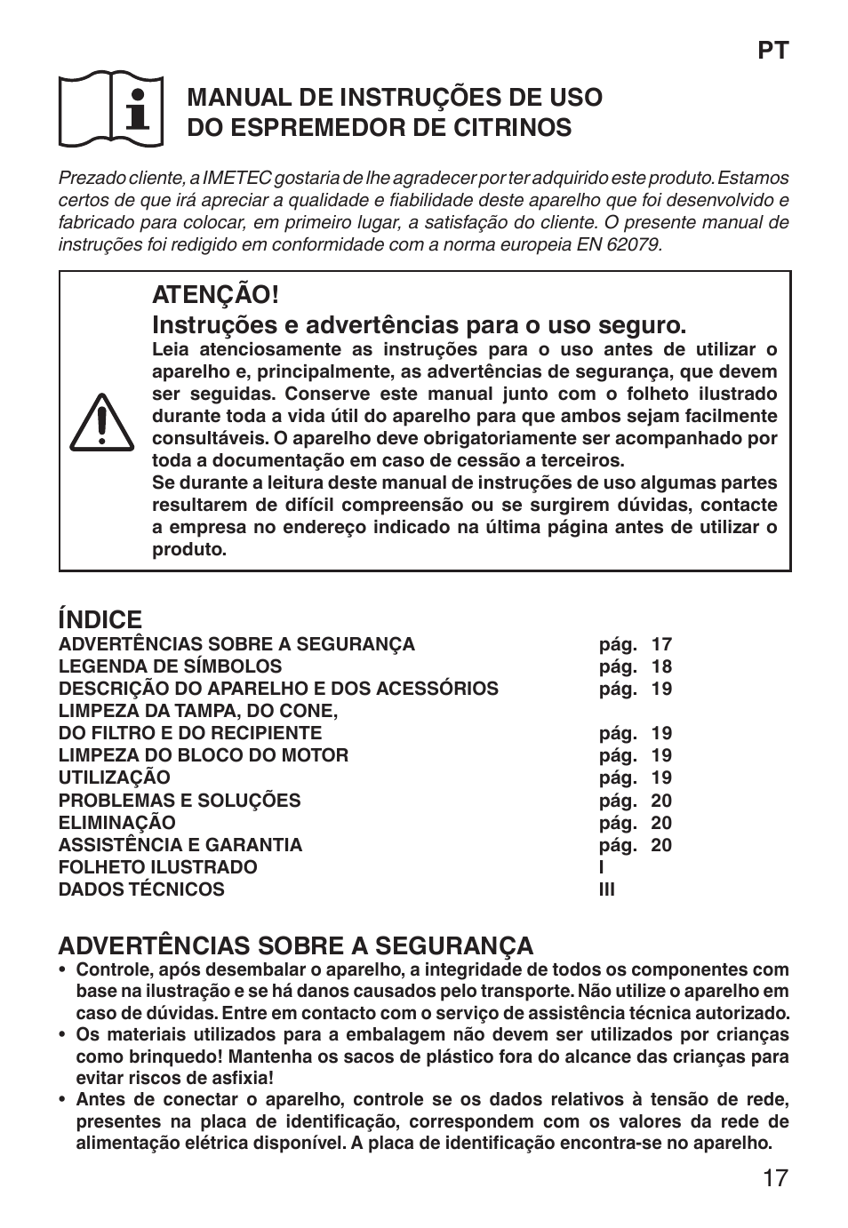 Índice, Advertências sobre a segurança | Imetec ECO CP User Manual | Page 22 / 34