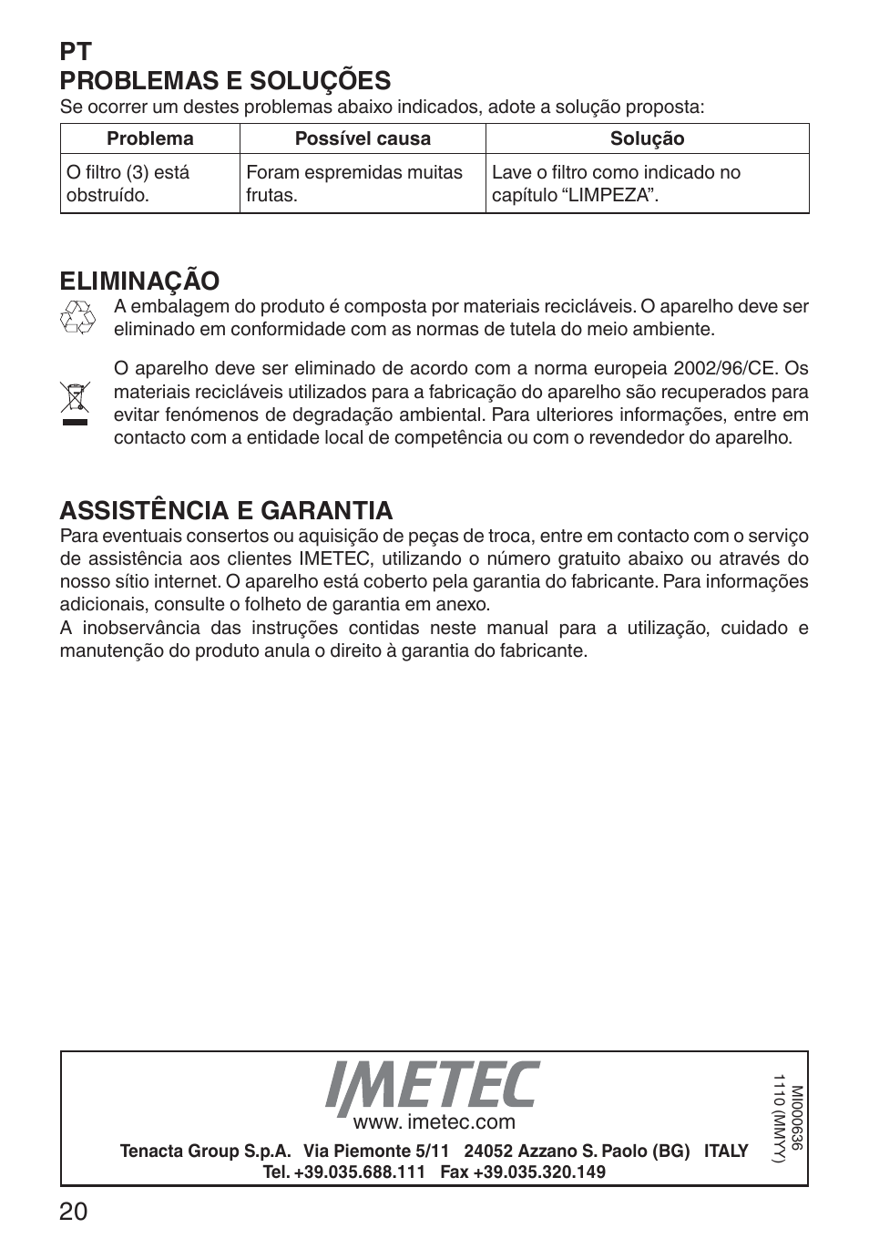Pt problemas e soluções, Eliminação, Assistência e garantia | Imetec ECO CP User Manual | Page 25 / 34