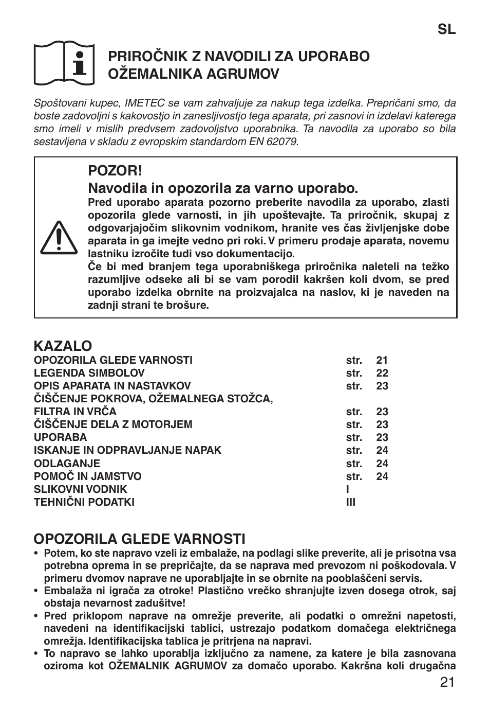 Pozor! navodila in opozorila za varno uporabo, Kazalo, Opozorila glede varnosti | Imetec ECO CP User Manual | Page 26 / 34