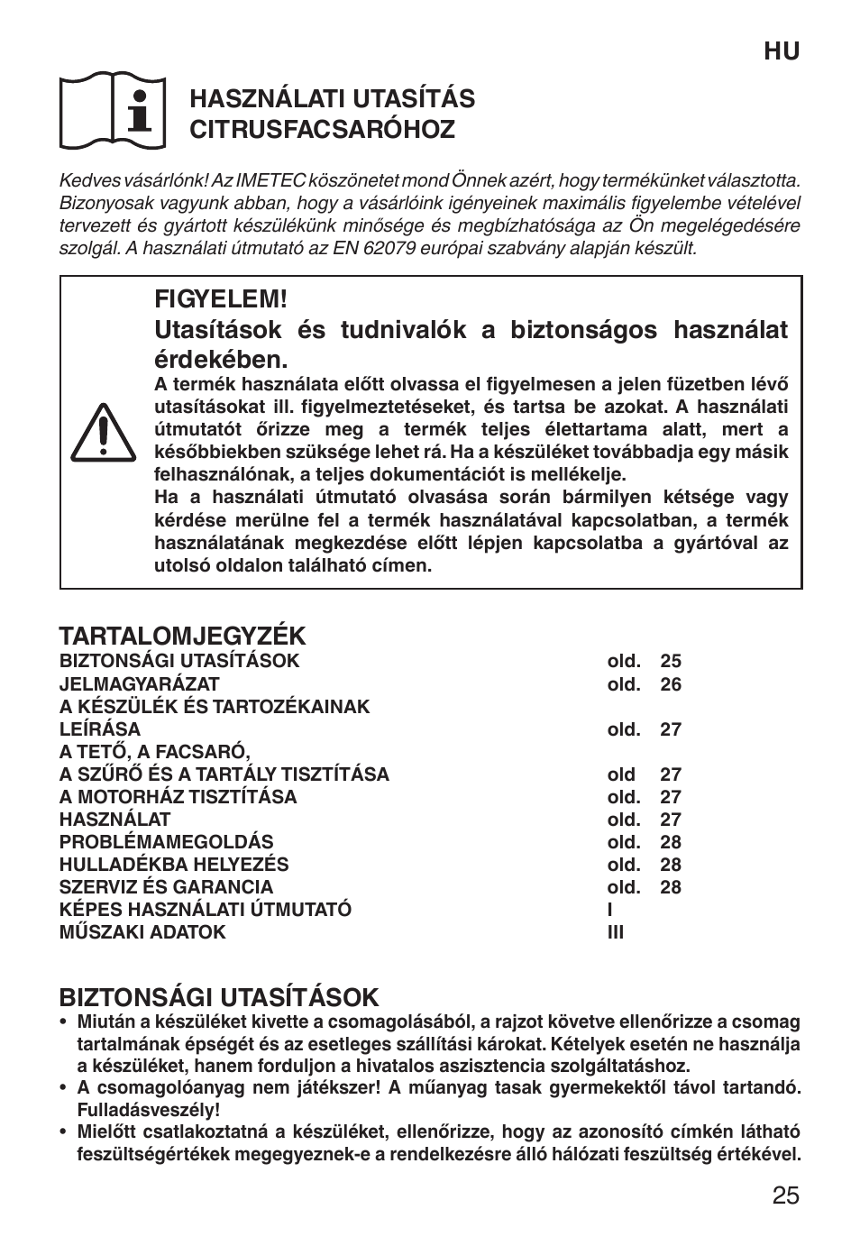 Hu használati utasítás citrusfacsaróhoz, Tartalomjegyzék, Biztonsági utasítások | Imetec ECO CP User Manual | Page 30 / 34
