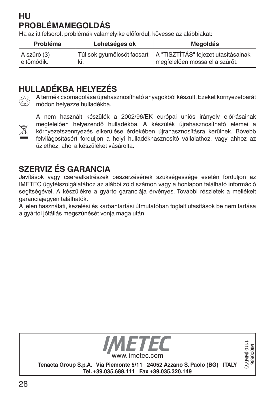 Hu problémamegoldás, Hulladékba helyezés, Szerviz és garancia | Imetec ECO CP User Manual | Page 33 / 34