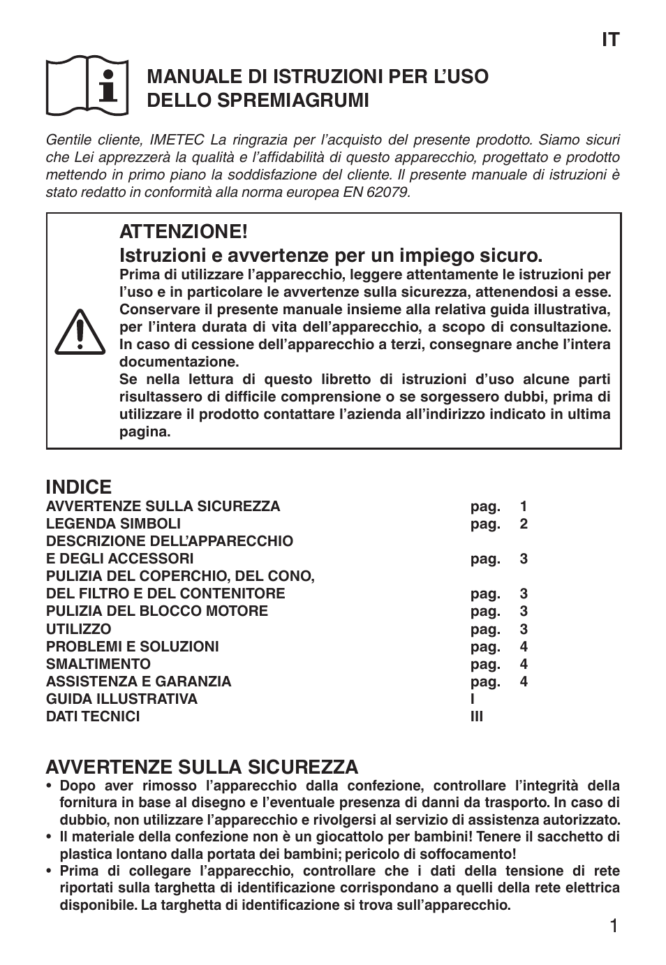 Indice, Avvertenze sulla sicurezza | Imetec ECO CP User Manual | Page 6 / 34