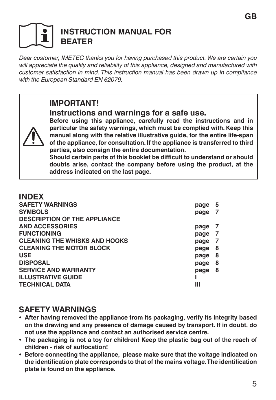 Gb instruction manual for beater, Index, Safety warnings | Imetec ECO ST User Manual | Page 10 / 34