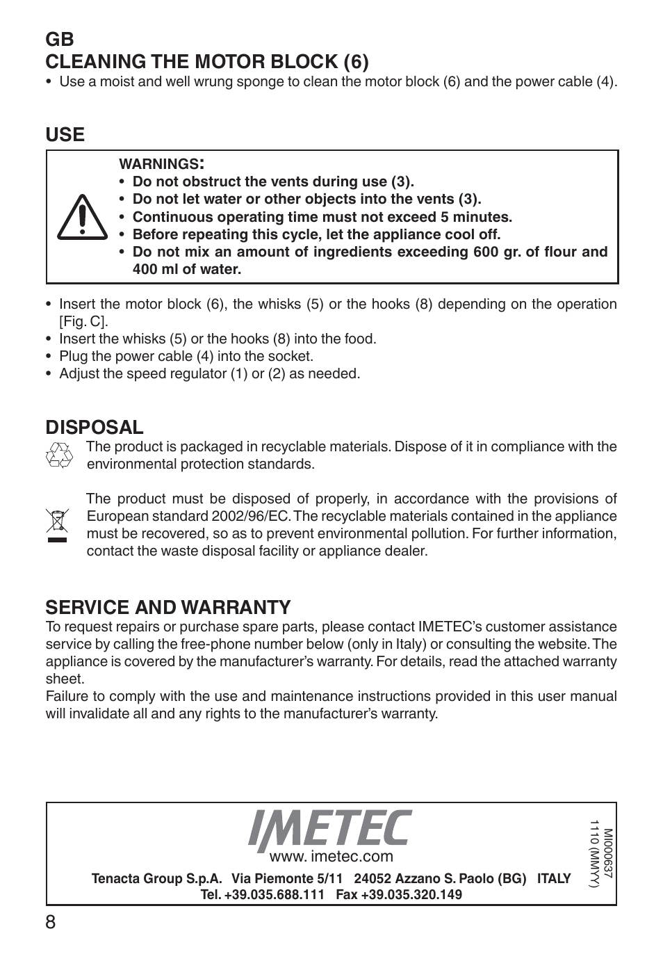 Gb cleaning the motor block (6), Disposal, Service and warranty | Imetec ECO ST User Manual | Page 13 / 34