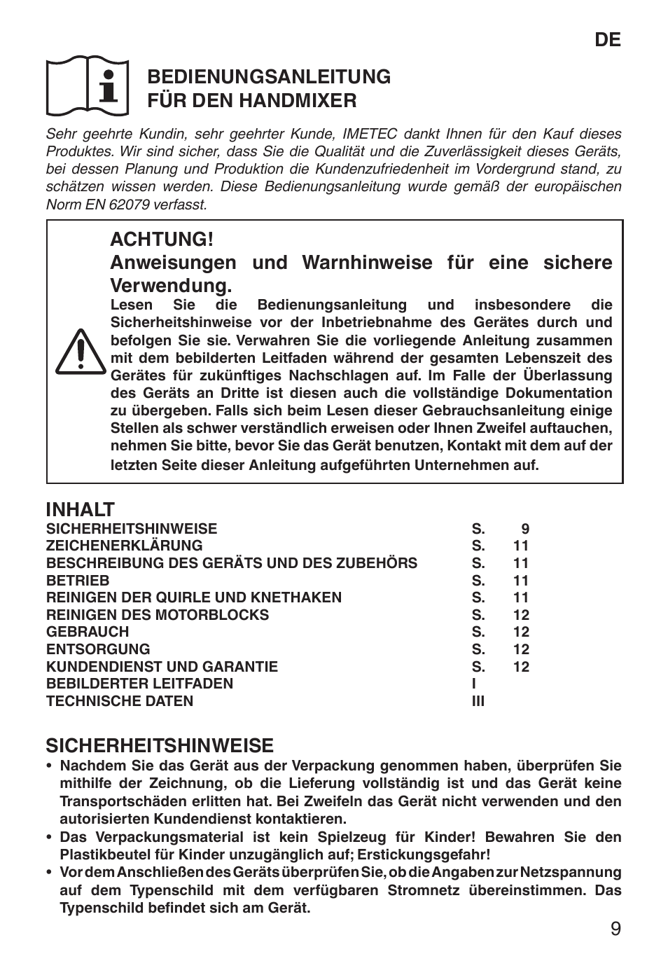 De bedienungsanleitung für den handmixer, Inhalt, Sicherheitshinweise | Imetec ECO ST User Manual | Page 14 / 34