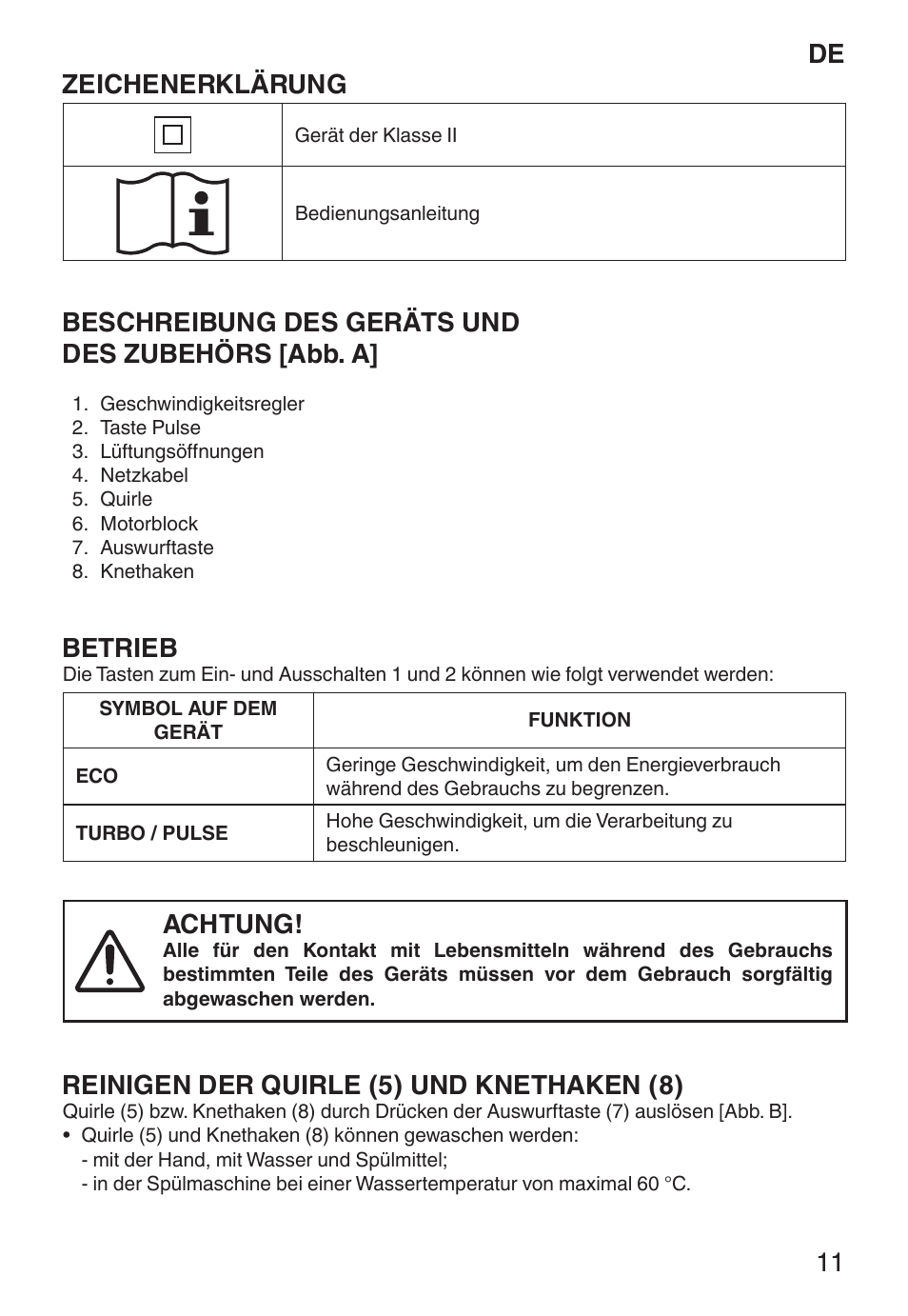 De zeichenerklärung, Beschreibung des geräts und des zubehörs [abb. a, Betrieb | Achtung, Reinigen der quirle (5) und knethaken (8) | Imetec ECO ST User Manual | Page 16 / 34