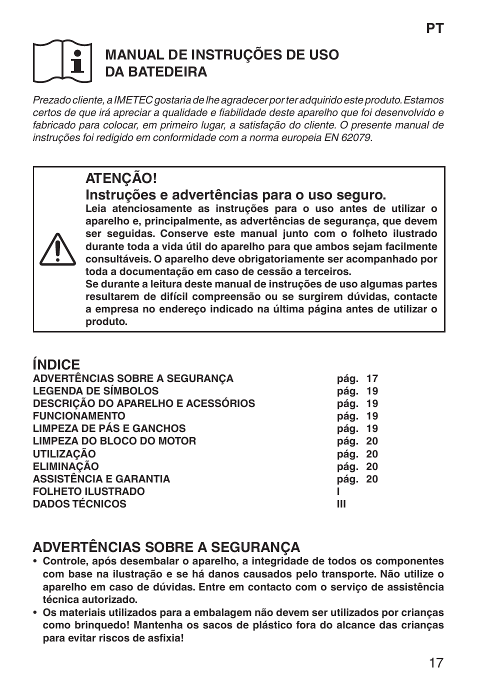 Pt manual de instruções de uso da batedeira, Índice, Advertências sobre a segurança | Imetec ECO ST User Manual | Page 22 / 34