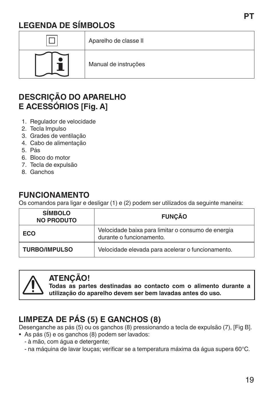 Pt legenda de símbolos, Descrição do aparelho e acessórios [fig. a, Funcionamento | Atenção, Limpeza de pás (5) e ganchos (8) | Imetec ECO ST User Manual | Page 24 / 34