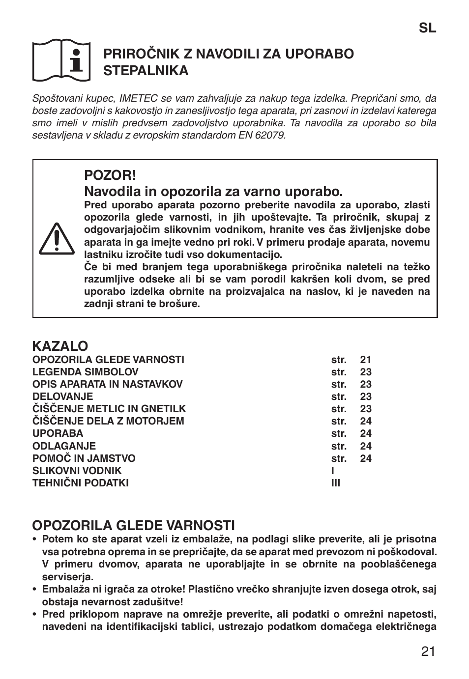 Sl priročnik z navodili za uporabo stepalnika, Pozor! navodila in opozorila za varno uporabo, Kazalo | Opozorila glede varnosti | Imetec ECO ST User Manual | Page 26 / 34